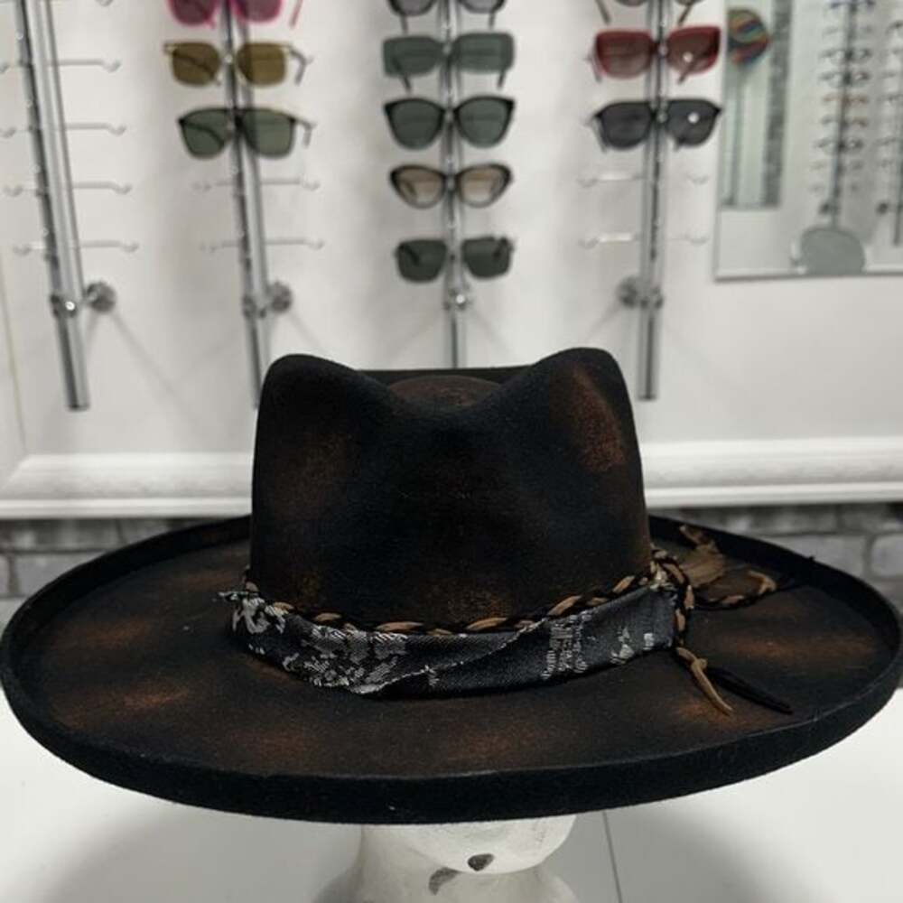 Black Wide-Brim Hat with Patterned Band